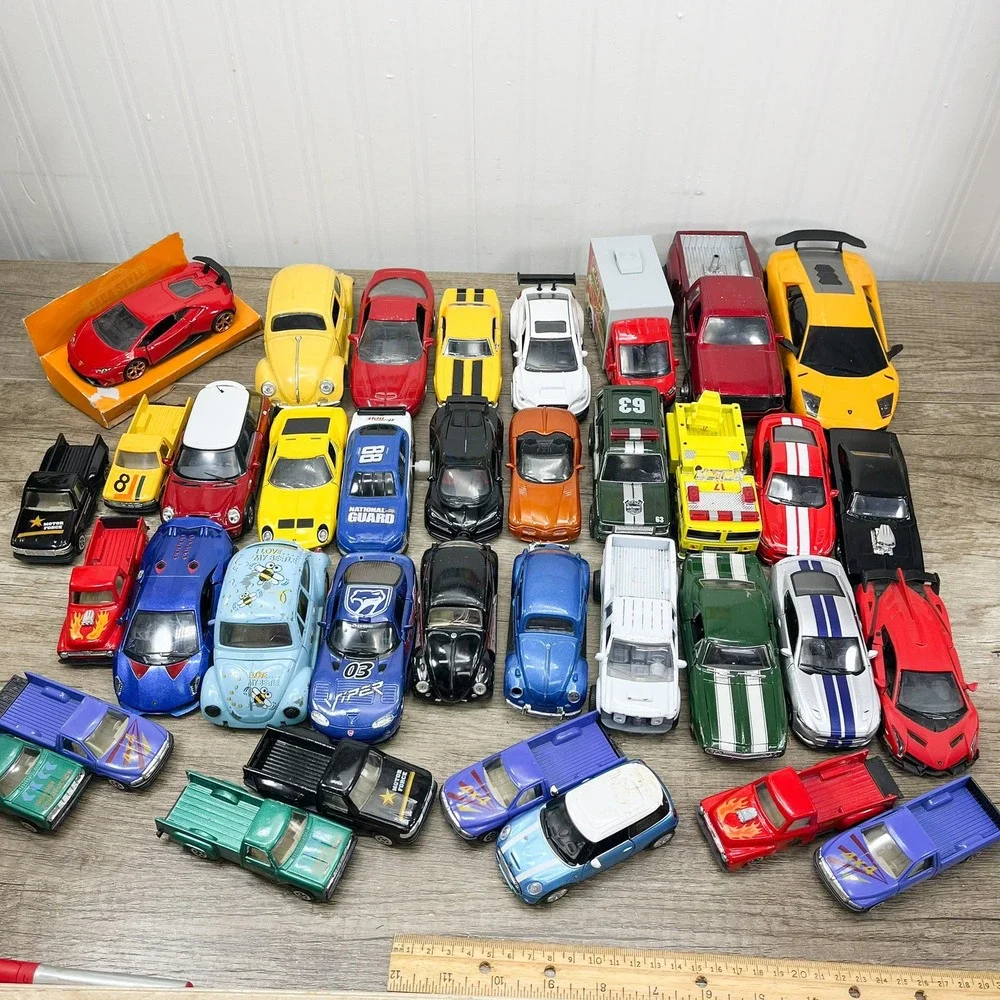 Mixed Diecast Toy Car Lot 37pc VW Beetle Lamborghini Mustang Trucks Racing